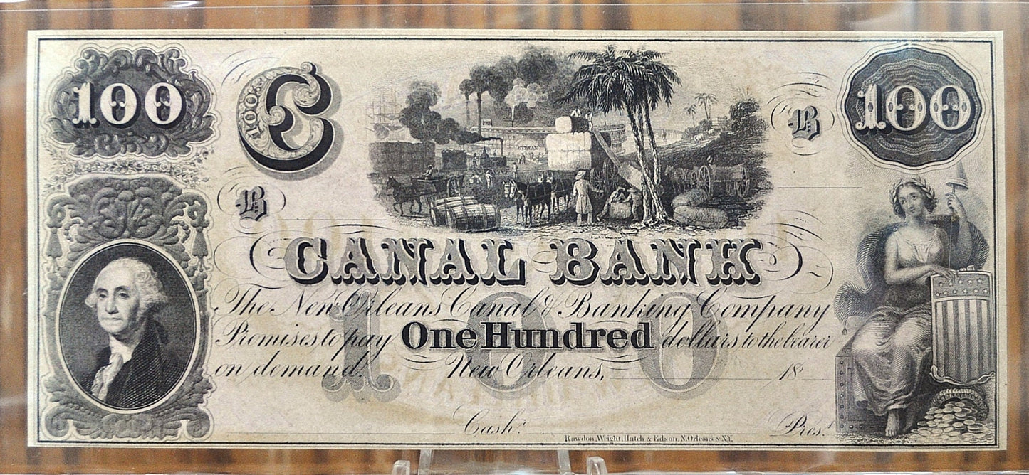 1800s N.D. New Orleans Canal Bank 100 Dollar Banknote - Louisiana Obsolete Currency - 1800s Unsigned One Hundred Dollar New Orleans Banknote