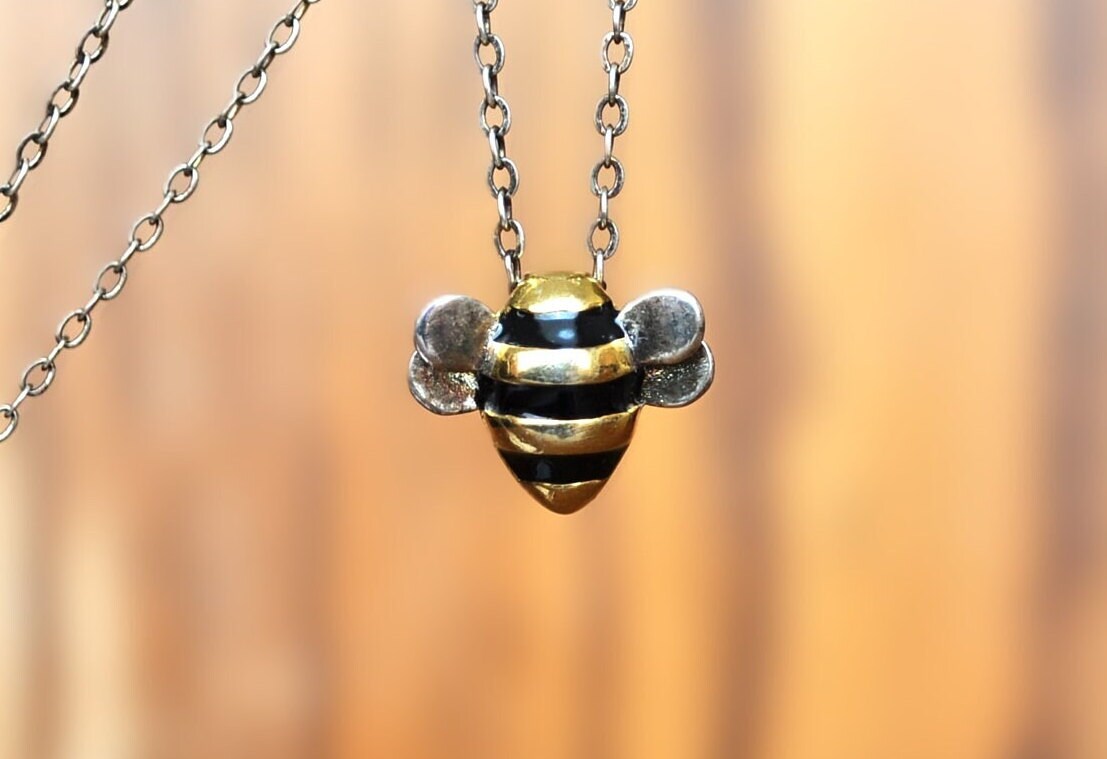 Awesome Sterling Silver Honey Bee Necklace! Beautiful Colored Enamel - Silver Bee Pendant - Bug Jewelry, Vintage Bee Jewelry!