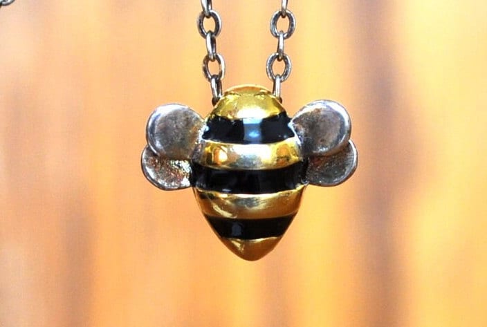 Awesome Sterling Silver Honey Bee Necklace! Beautiful Colored Enamel - Silver Bee Pendant - Bug Jewelry, Vintage Bee Jewelry!