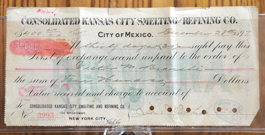 1897 Consolidated Kansas City Smelting and Refining Co. Paycheck - Victor M. Brashi Issued, Pittsburg PA - 1897 Vintage Mining Paycheck