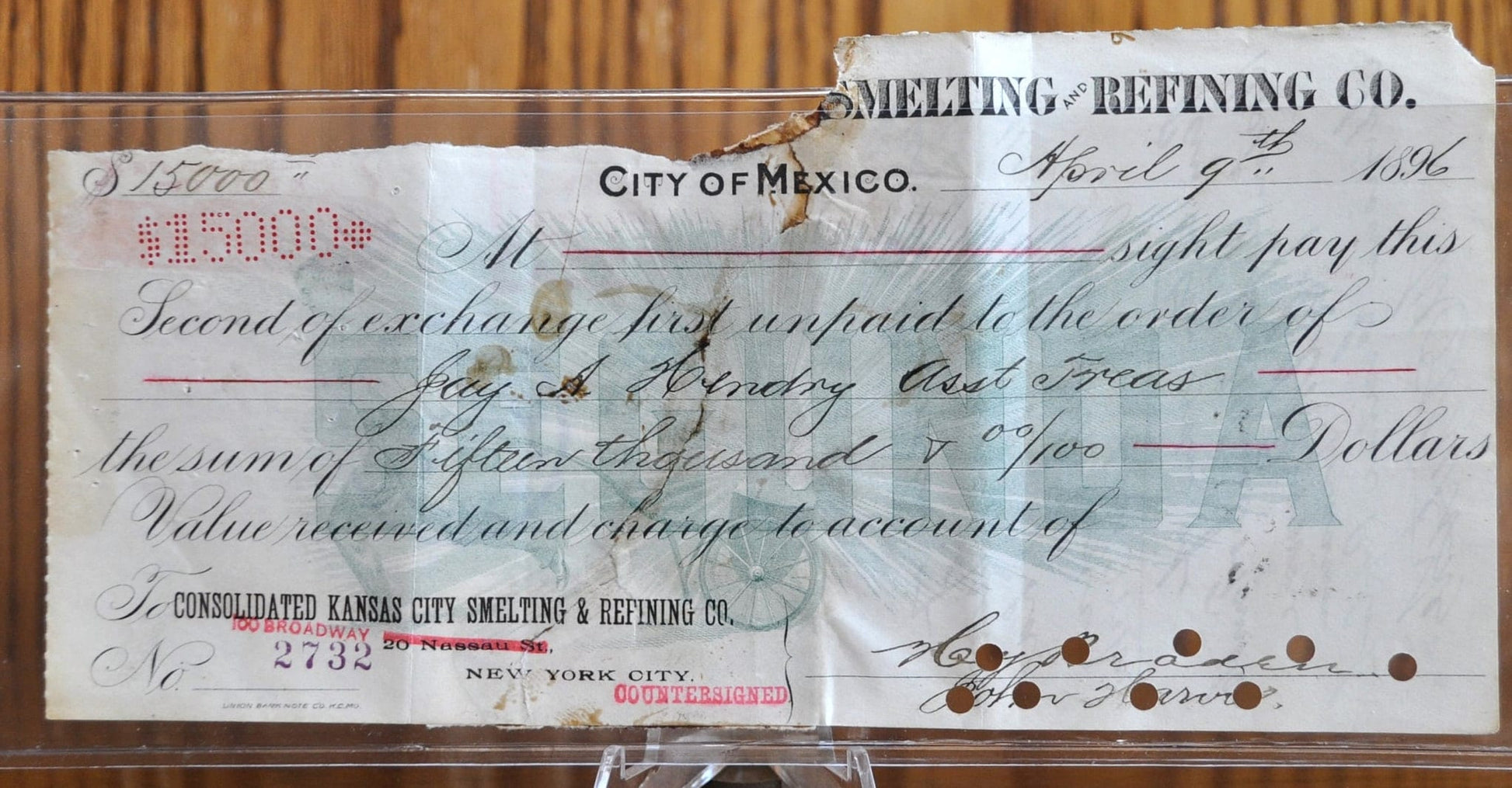 1896 Consolidated Kansas City Smelting and Refining Co. Paycheck - Jay A. Hendry Issued, Countersigned - Mexico City Exchange Check 1896