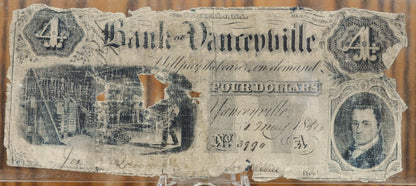 1854 Bank of Yanceyville 4 Dollar Civil War Era Banknote - Rare North Carolina Obsolete Confederate Currency - 1854 Four Dollar Rare NC Note