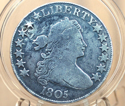 1805 Draped Bust Half Dollar - Fine Details, Holed / Plugged - 1805 Half Dollar US Half Dollar 1805 Early American Coin, Scarce, Authentic