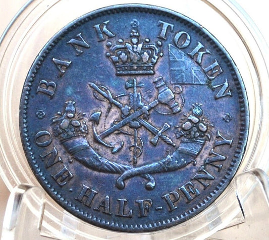 1852 Bank of Upper Canada One Half Penny - 1/2 Penny Bank Token - Uncirculated, Cool Color - 1857 Bank Token One Penny - 1852 Canadian Bank Token