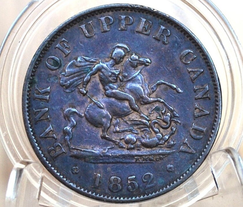 1852 Bank of Upper Canada One Half Penny - 1/2 Penny Bank Token - Uncirculated, Cool Color - 1857 Bank Token One Penny - 1852 Canadian Bank Token