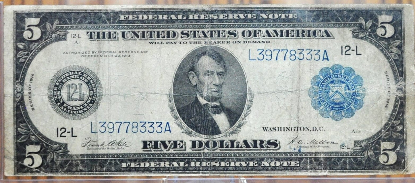 1914 5 Dollar Federal Reserve Note Large Size Fr891 - F (Fine) - San Francisco 1914 Five Dollar Bill Large Note 1914 5 Dollar 1914 SF Fr#891