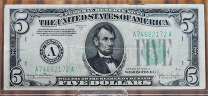 1934-D Federal Reserve 5 Dollar Note - Choose by Grade and Bank Issue - 1934D US Five Dollar Banknote - Fr.1960A/B