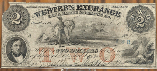 1856 Western Exchange Fire & Marine Insurance Co. 2 Dollar Banknote - Rare Nebraska Obsolete Currency - 1856 Two Dollar Rare NE Note