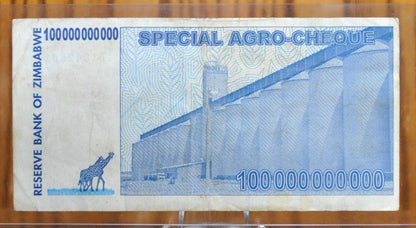 2008 Zimbabwe 100 Billion Dollar Banknote - Special Agro-Cheque, Hyperinflation Note - 2008 Zimbabwe One Hundred Billion Dollar Note - P#64