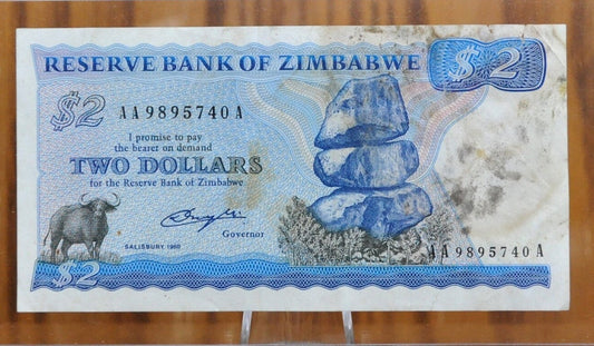 1980 Zimbabwe 2 Dollar Banknote - Salisbury, First Independant Issue - Reserve Bank of Zimbabwe - 1980 Zimbabwe Two Dollar Note 1980 - P#1a