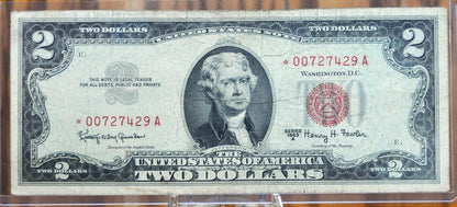 1963 STAR NOTE Red Seal 2 Dollar United States Note - F (Fine) Grade / Condition - 1963 Two Dollar U.S. Note 1963 Star Note Fr#1513*