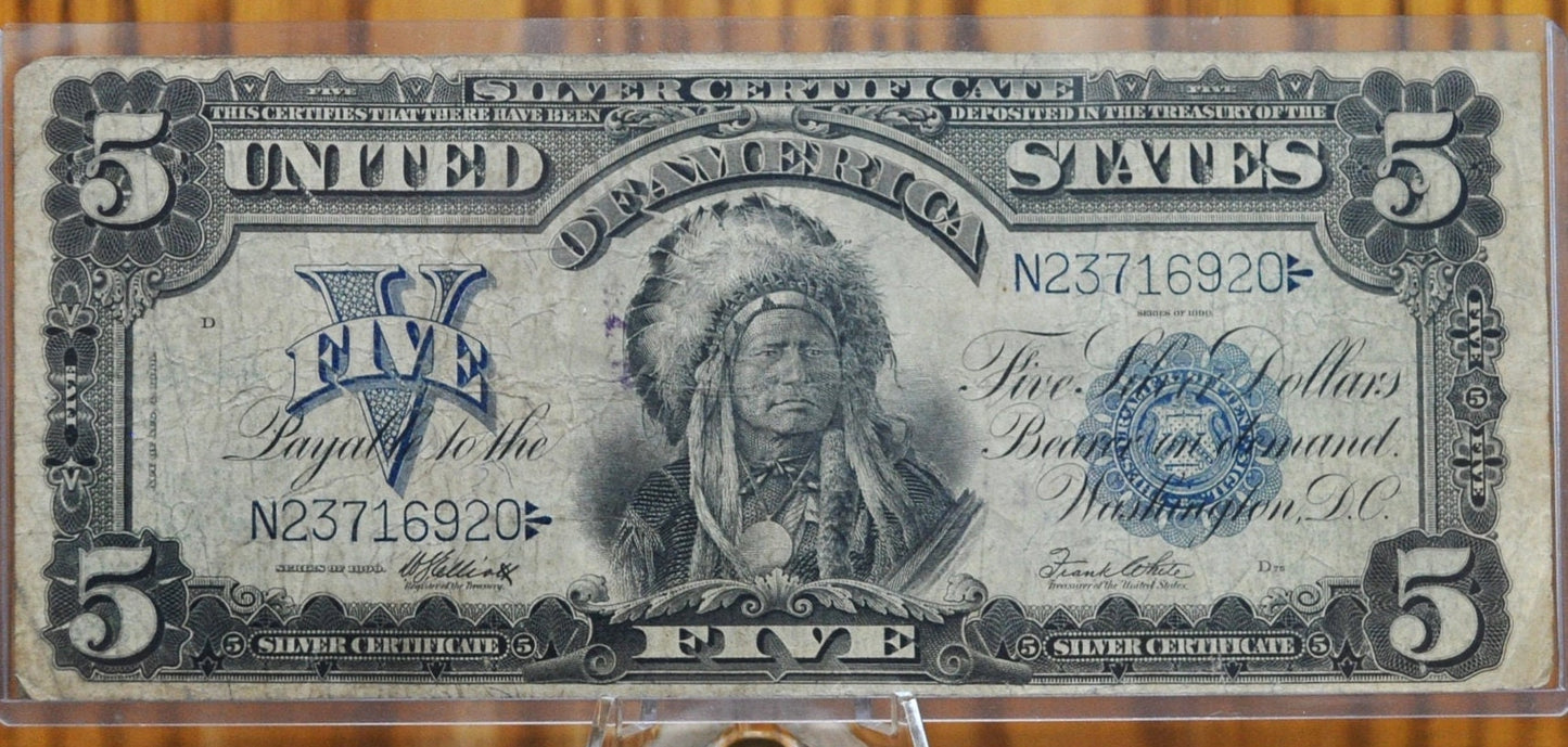 1899 5 Dollar Silver Certificate Chief Note Fr#280 - F (Fine) Grade/Condition, Horseblanket Note, Five Dollar Indian Chief Running Antelope