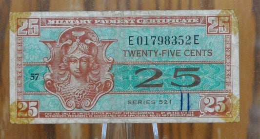 1954 U.S. Military 25 Cent Payment Certificate - Series 521 - 1954 United States Military Twenty-Five Cent Payment Certificate - P#M31