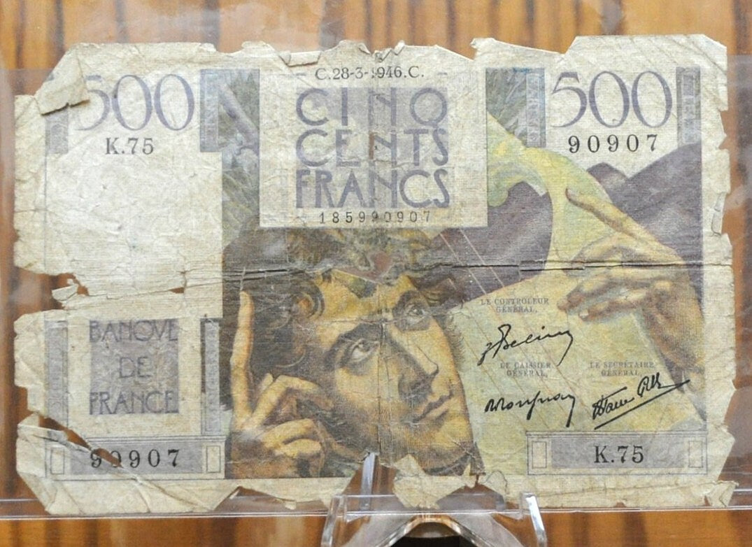 1946 France 500 Franc Banknote - High Denomination, Chateaubriand Type - Rarer Bank of France Five Hundred Francs Banknote 1946 - P#129a