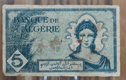 1942 Bank of Algeria 5 Franc Banknote - World War II Issue, Beautiful Design - Five Francs Bank Note 1942, Banque De L'Algerie - P#91