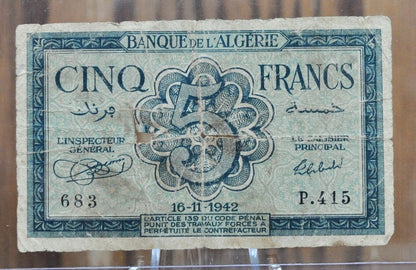 1942 Bank of Algeria 5 Franc Banknote - World War II Issue, Beautiful Design - Five Francs Bank Note 1942, Banque De L'Algerie - P#91