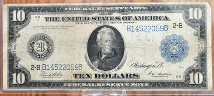 1914 10 Dollar Federal Reserve Note Large Size Fr#911C - F (Fine) - New York 1914 Ten Dollar Bill Horseblanket Note 1914 Andrew Jackson 10