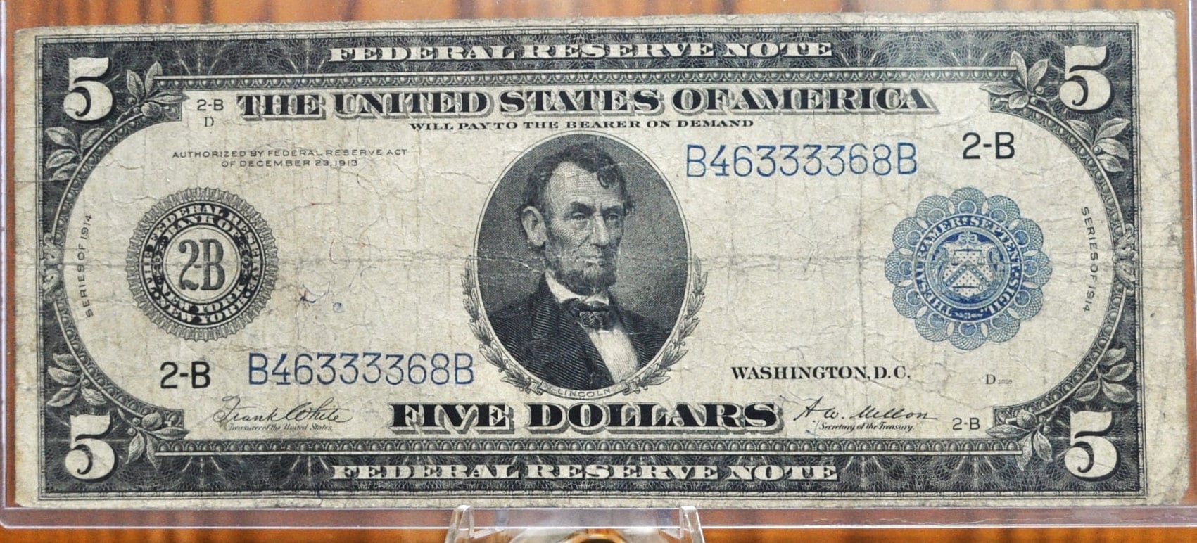 1914 5 Dollar Federal Reserve Note Large Size Fr851 - F (Fine) - NY 1914 Five Dollar Bill Large Note 1914 New York Fr#851