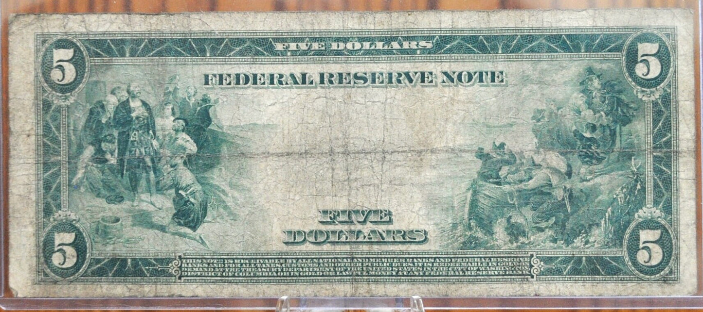 1914 5 Dollar Federal Reserve Note Large Size Fr851 - F (Fine) - NY 1914 Five Dollar Bill Large Note 1914 New York Fr#851