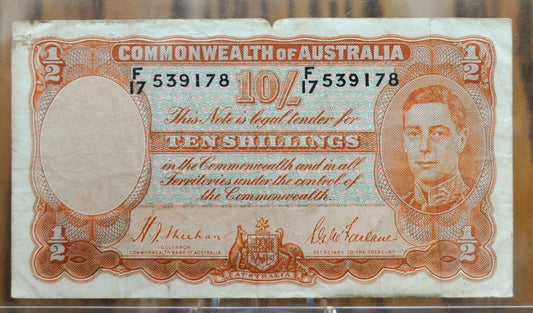 1939 Commonwealth of Australia 10 Shillings Banknote- Rare Orange Signatures Issue- King George VI- 1939 Australia Ten Shillings Note- P#25a