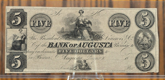 1850s Bank of Augusta 5 Dollar Banknote - Blank Note - Georgia Obsolete Currency - 1850s n.d. Five Dollar Georgia Blank Note
