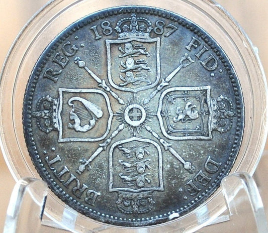 1887 Florin - XF Grade / Condition - 1887 UK One Florin 1887 Great Britain 2 Shillings - Queen Victoria - Low Mintage Coin, Sterling Florin