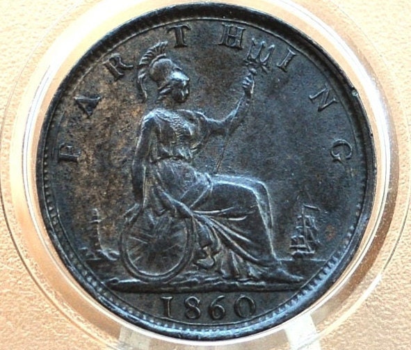 1860 Farthing Great Britain - Choice AU, Beautiful Coin - UK Farthing 1860 - Queen Victoria Young Head - Bronze