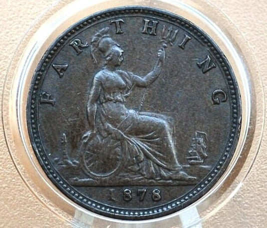 1878 Farthing Great Britain - AU, Beautiful Coin - UK Farthing 1878 - Queen Victoria Young Head - Bronze