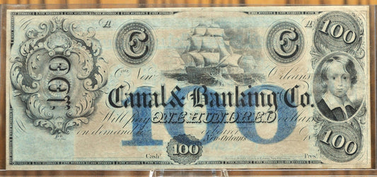 1840s N.D. Canal & Banking Company 100 Dollar Note - Louisiana Obsolete Currency - 1840s Unsigned One Hundred Dollar New Orleans Banknote