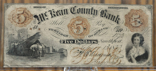 1858 McKean County Bank 5 Dollar Banknote - Pennsylvania Obsolete Currency - Signed and Issued Note - 1868 Five Dollar Smethport PA Banknote