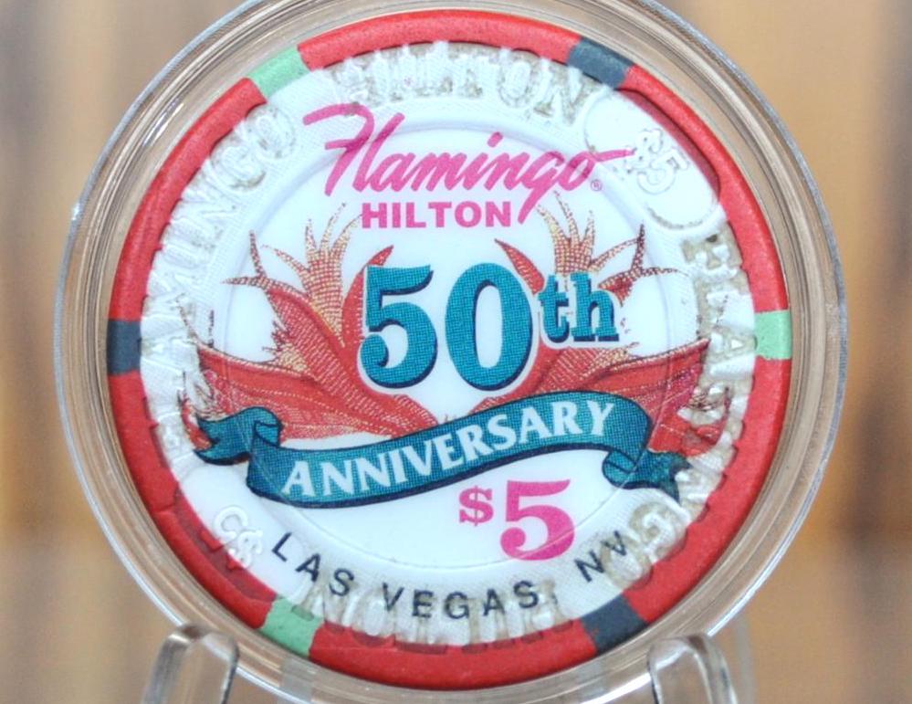 Vintage Flamingo Casino 50th Anniversary 5 Dollar Chip - Bugsy Siegel - Las Vegas Collectible - Vintage Casinos -