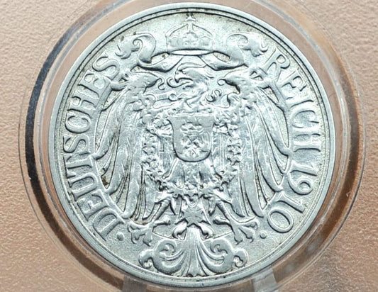 1910 E Variant German 25 Pfennig Deutsches Reich - AU condition - Second Reich of Germany 1910 - WWI Era German Coin -