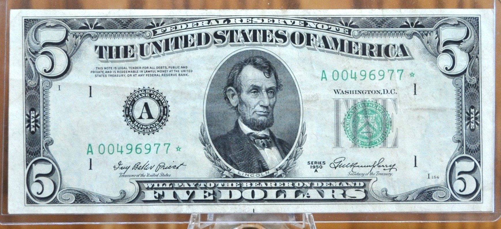 1950-A 5 Dollar Star Note - Fr#1962A* (A) Boston MA - AU Grade - 1950A Five Dollar Federal Reserve Star Note- Fr1962A* / Fr 1962-A*