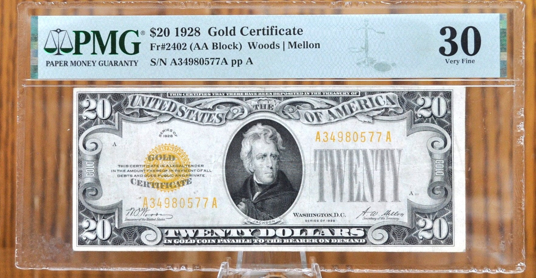 1928 20 Dollar Gold Certificate Fr#2402 - VF30 PMG - Great Note, 1928 Twenty Dollar Gold Certificate Fr Number 2402 AA Block PMG Graded