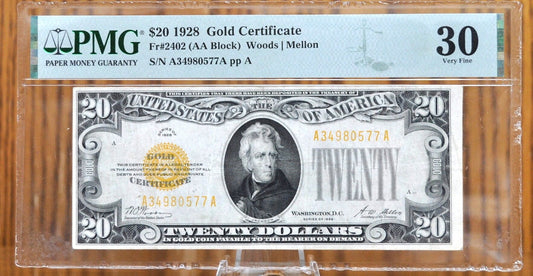 1928 20 Dollar Gold Certificate Fr#2402 - VF30 PMG - Great Note, 1928 Twenty Dollar Gold Certificate Fr Number 2402 AA Block PMG Graded