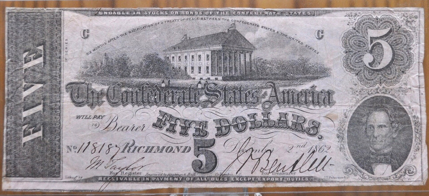 1862 Confederate States of America Five Dollar Bill T-53 / CS-53 - Civil War Issue Banknote - Confederate 5 Dollar Bill 1862 - Richmond VA