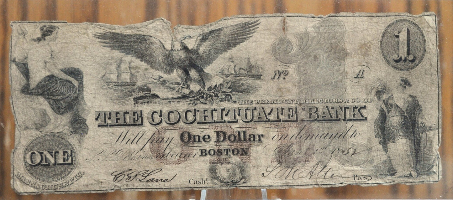 1852 Cochituate Bank 1 Dollar Banknote - Massachusetts Obsolete Currency - Eagle and Goddess Issue - 1852 One Dollar Boston MA Bank Note