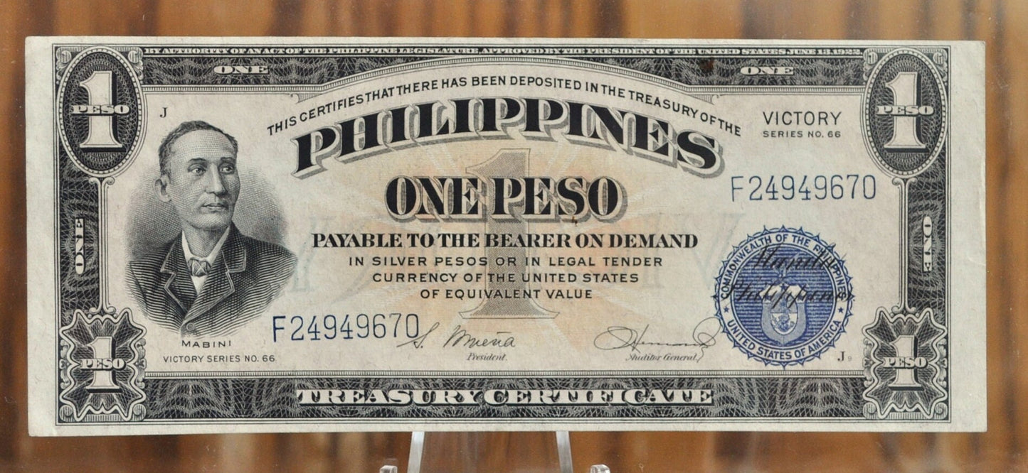 1944 Philippines 1 Peso Victory Note - Choice of Condition - U.S. Occupation - 1944 One Peso Philippines Victory Banknote - P#94a