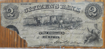 1850's Citizens Bank of Nashville & Memphis 2 Dollar Banknote - Rare Tennessee Obsolete Currency - 1850's Citizens Bank Two Dollar Banknote