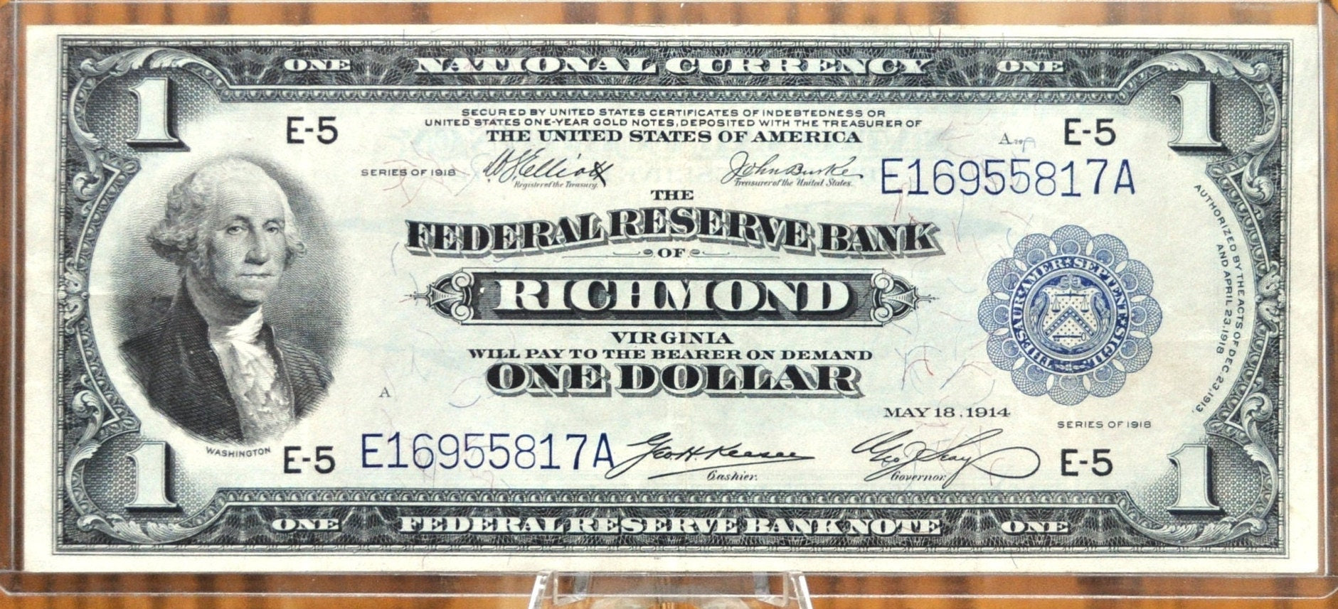 1918 1 Dollar Federal Reserve Bank Note Large Size Fr#722 - AU, Crisp Note, Richmond, 1918 One Dollar Bill, Old US Paper Money, Horseblanket