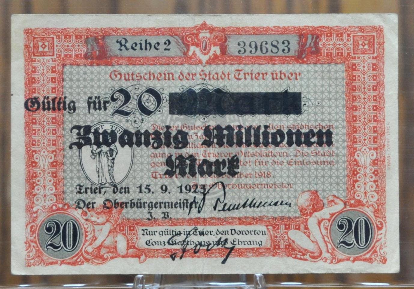 1923 20 Million City of Trier German Bank Note- Overprint of 20 Mark Note- Post-WWI Inflation- 1923 Trier Twenty Million Mark Overprint Note