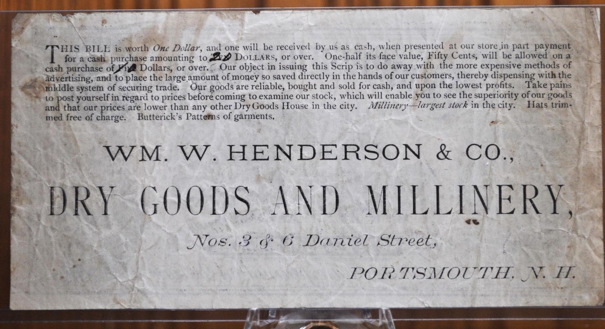 Extremely Rare 1873 Wm. W. Henderson 1 Dollar Scrip Note, Portsmouth NH - 1873 One Dollar Commission Scrip, Dry Goods Store, Portsmouth NH