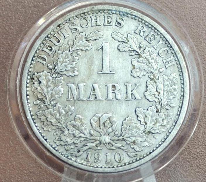 1910 German 1 Mark, F Mint Mark - AU (About Uncirculated), Lustrous - German Empire Silver One Mark 1910, Stuttgart Mint