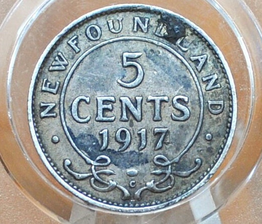 1917 Newfoundland 5 Cent, Sterling, Rare, Only 300,000 minted, VF Grade/Condition, Silver 5 Cents Newfoundland 1917 Five Cent Coin