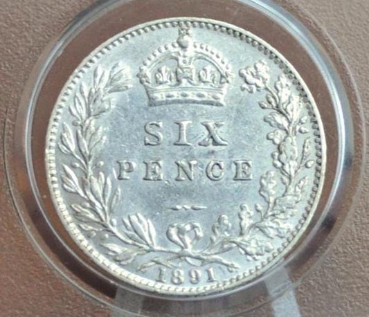 1891 Silver Sixpence Great Britain - Choice AU - Queen Victoria - Sterling Silver 6 Pence 1891 Six pence 6 Pence UN 1891, Beautiful Coin