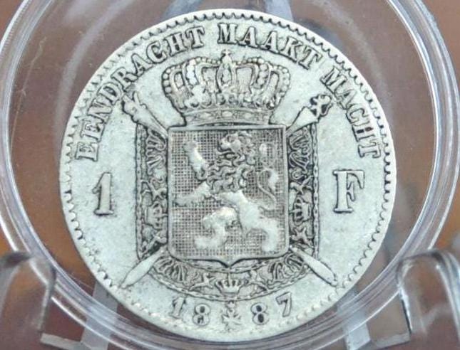 Rarer 1887 Belgian 1 Franc Silver - Leopold II - XF+ Condition - 80% Silver Belgian 1 Franc Coin 1887