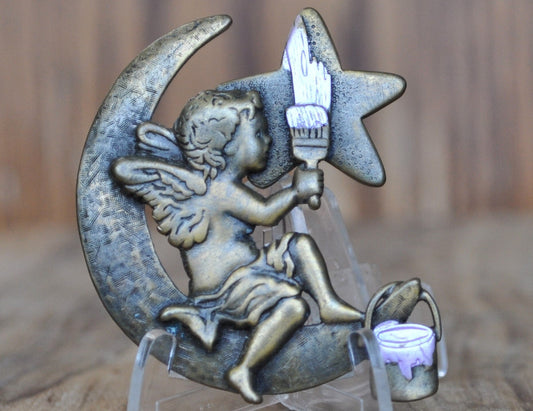 Awesome Vintage Pin! Bronze - Cherub on the moon painting a star - JJ Jewelry