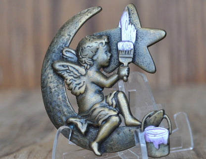 Awesome Vintage Pin! Bronze - Cherub on the moon painting a star - JJ Jewelry