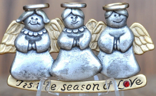 Awesome Vintage Pin! Pewter, 1997 Three Angels in a row, "Tis the season of Love"