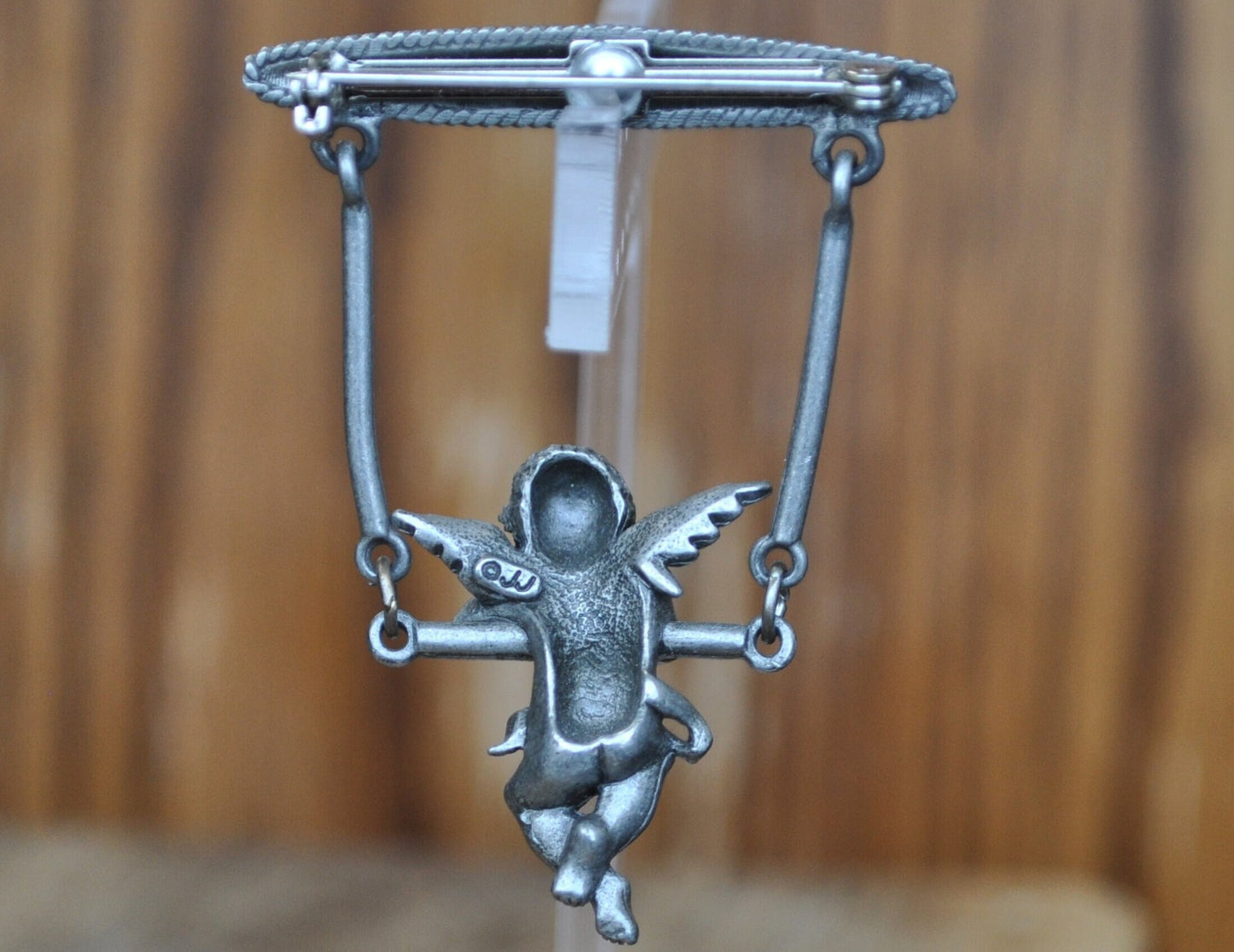 Awesome Vintage Pin! Pewter, Cherub Hanging on Trapeze - JJ Jewelry